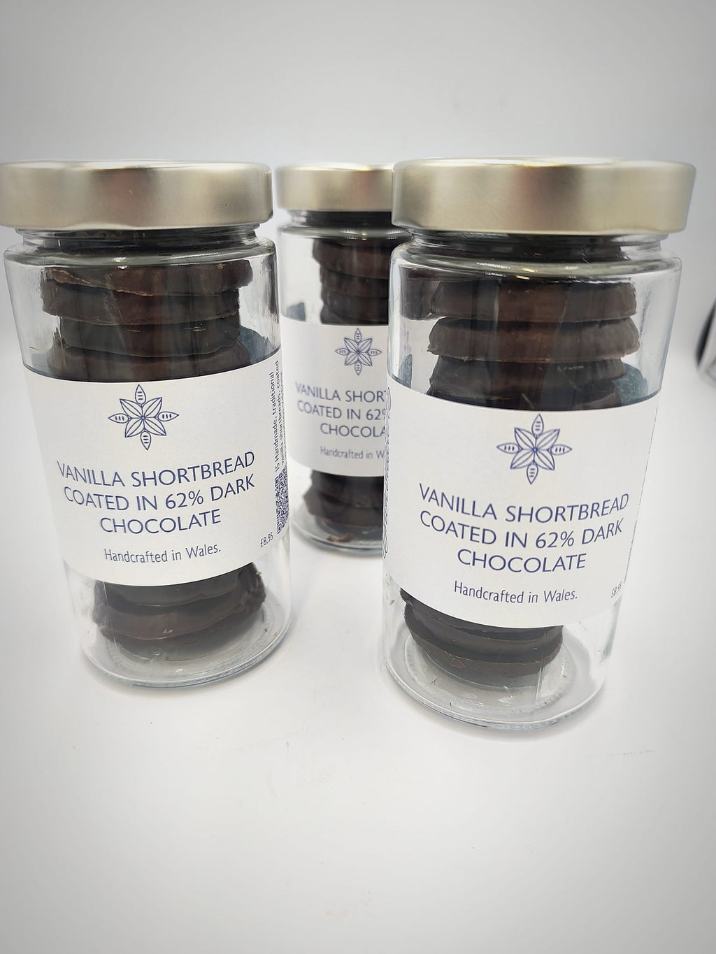 Vanilla Shortbreads Coated in 62% Dark Chocolate.